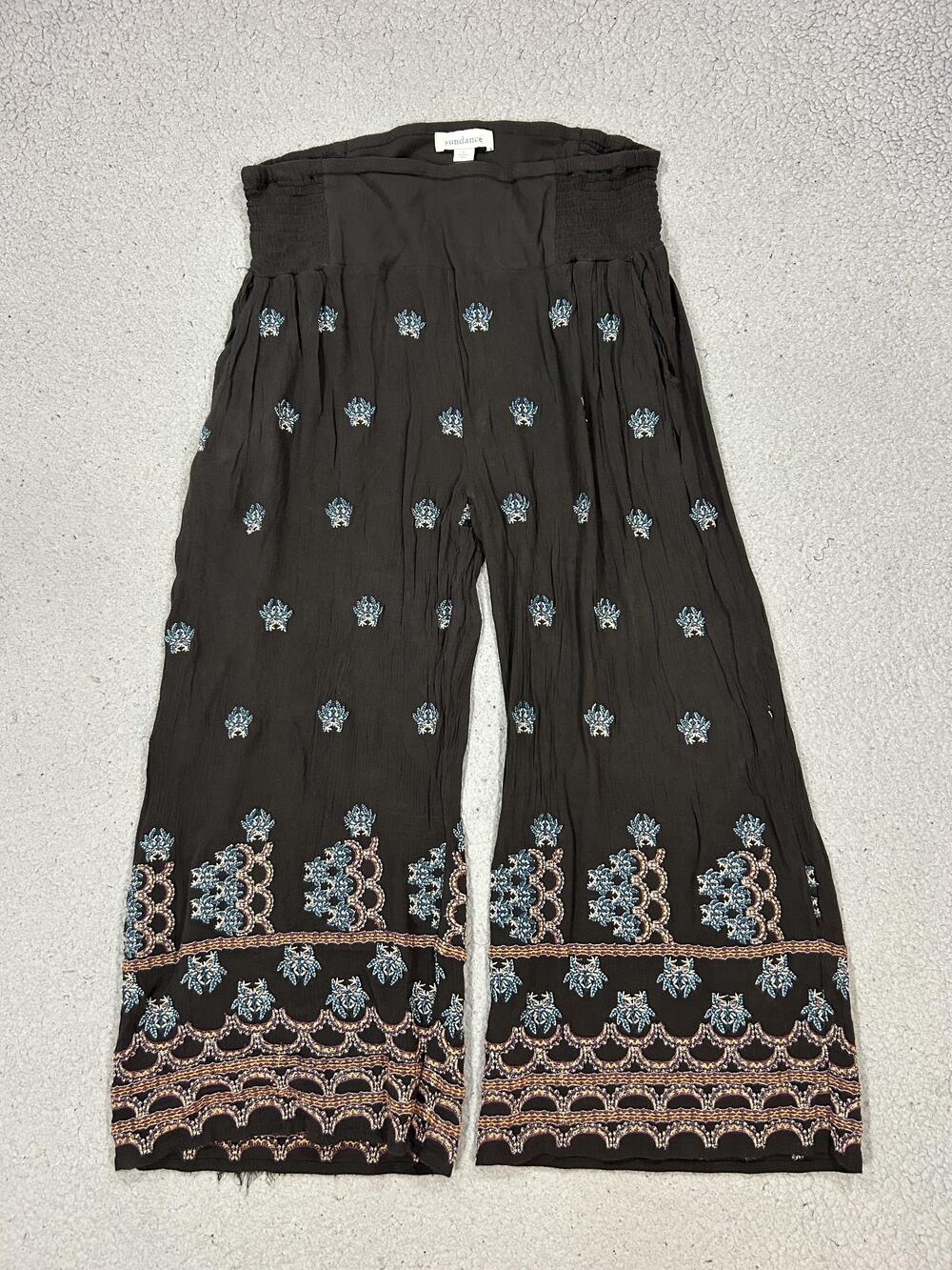 Sundance Pants Womens Large Brown Embroidered Floral Wide Leg Cropped Boho